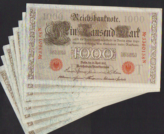 1910 Germany 1,000 Mark (red seal-7 digits) aUnc M000002